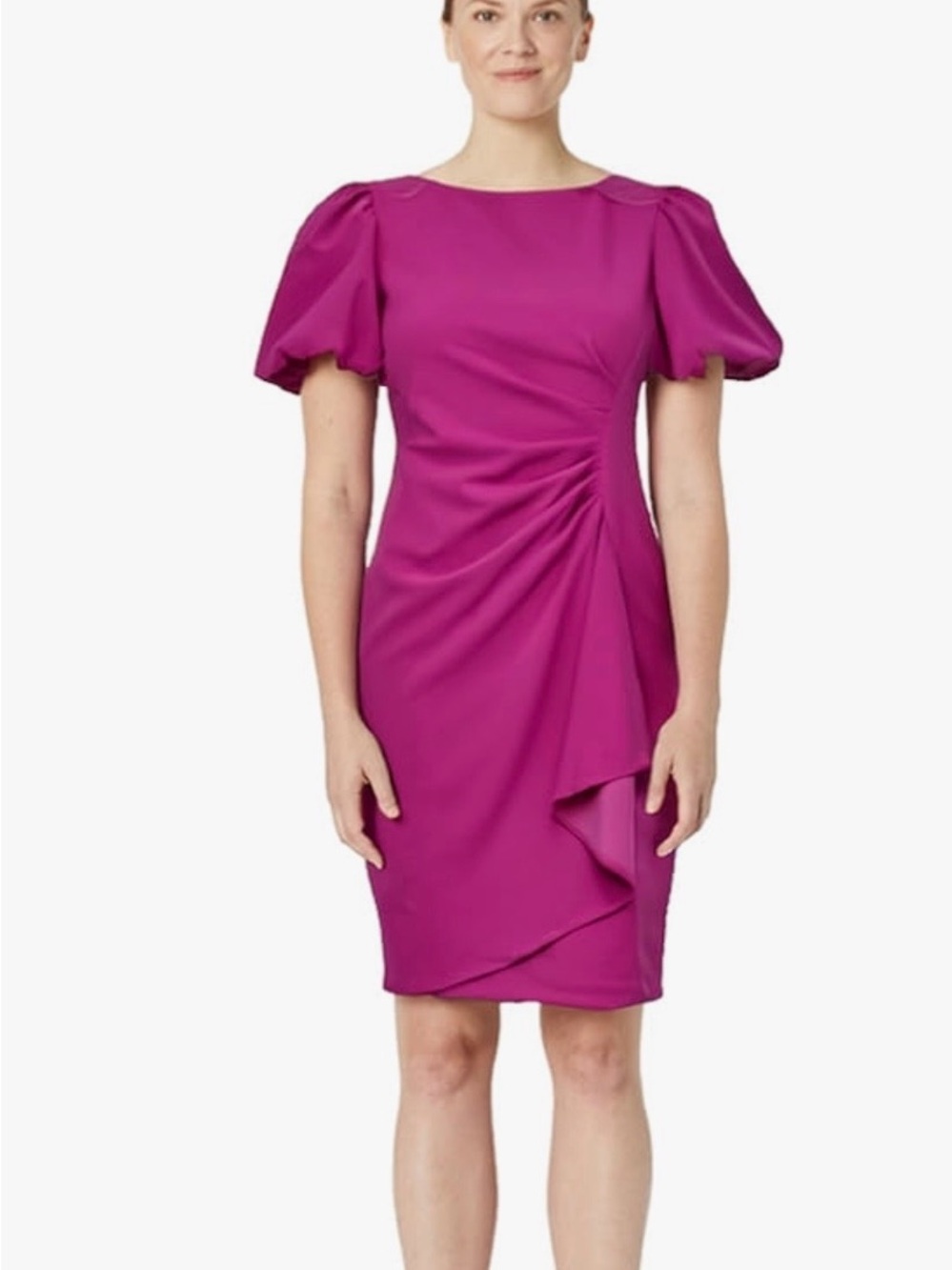 Beautiful DKNY Magenta Puff-Sleeve Ruched Midi Dress